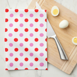 Red and Pink On White Polka Dots Design  Tea Towel