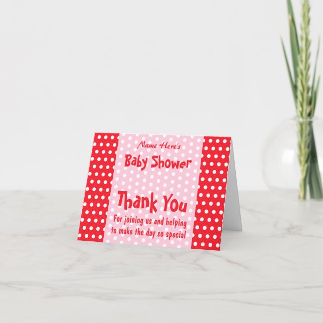 Red and Pink Polka Dot, Custom Baby Shower Thank You Card (Front)
