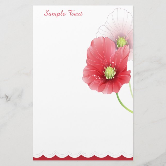 Red And Pink Poppies Stationery (Front)