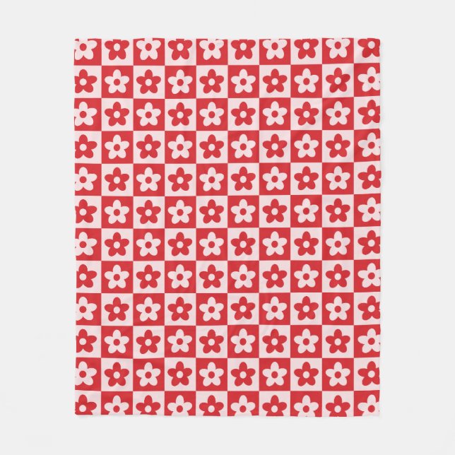 Red And Pink Retro Chequered Flower Pattern Fleece Blanket (Front)