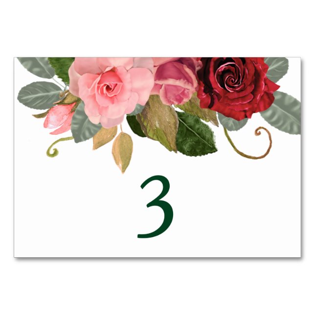 Red and Pink Rose Border Wedding Table Table Number (Front)