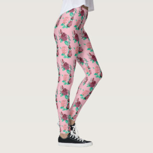 Red and Pink Rose w/Green Leaves Water Colour Fanc Leggings
