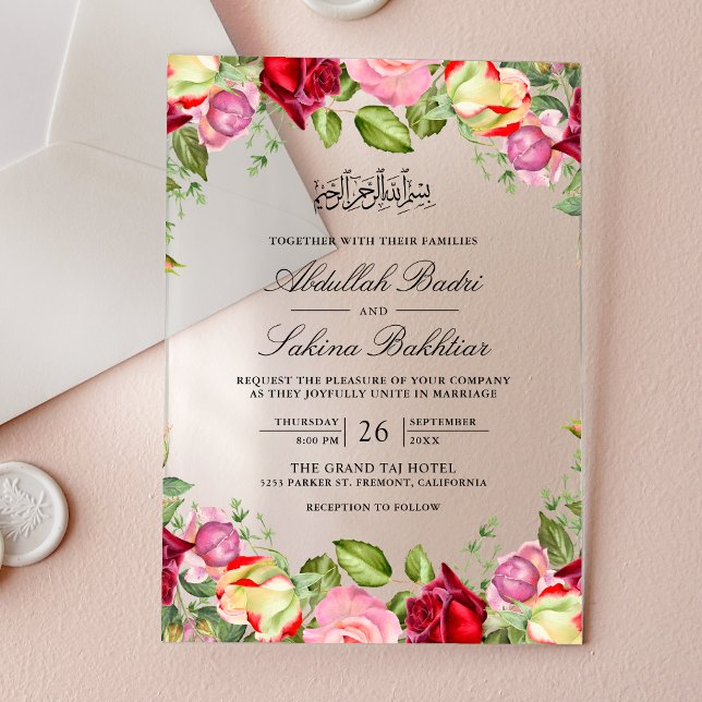 Red and Pink Roses Floral Muslim Wedding Acrylic Invitations (Creator Uploaded)