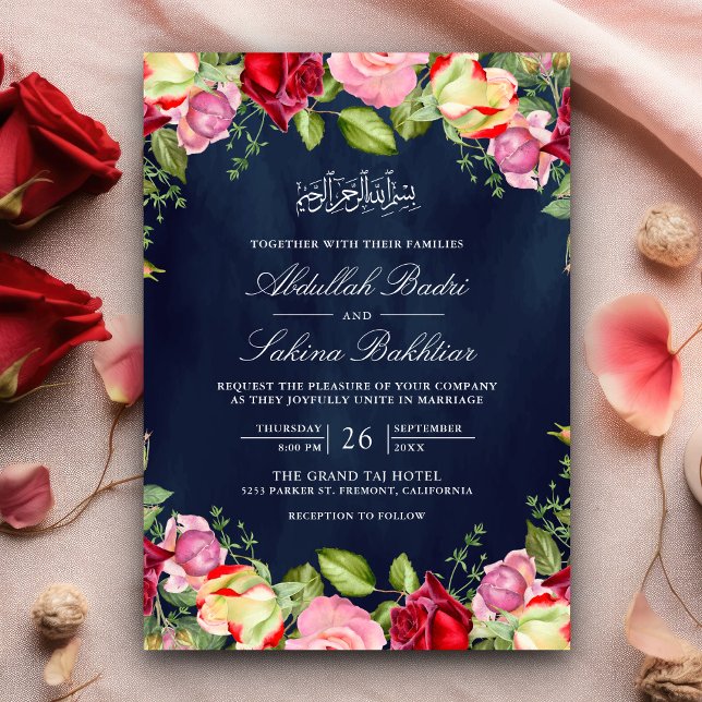 Red and Pink Roses Floral Navy Blue Muslim Wedding Invitation (Creator Uploaded)