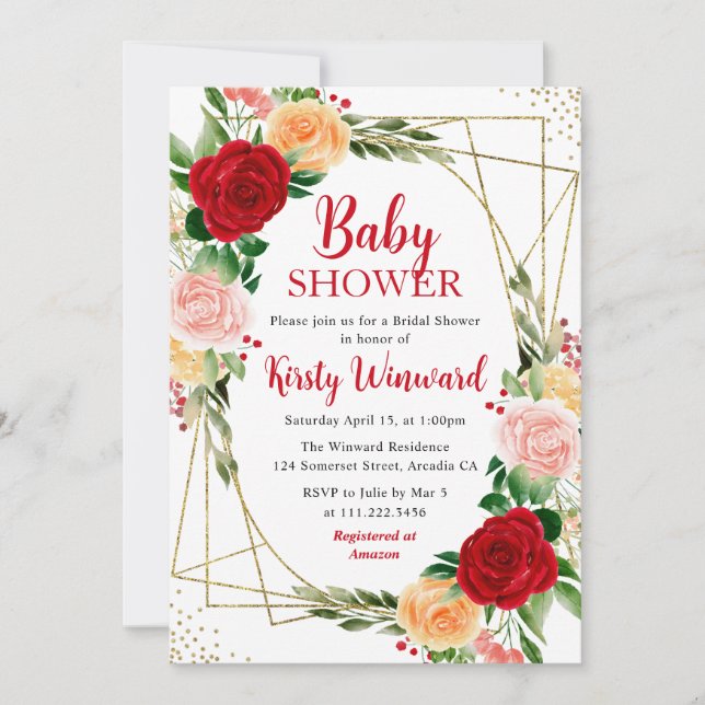 Red and Pink Roses & Gold Frame Baby Shower Invitation (Front)