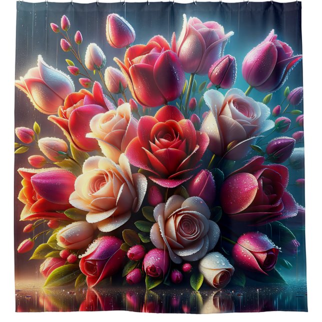 “Red and Pink Roses with Raindrops" Shower Curtain (Front)