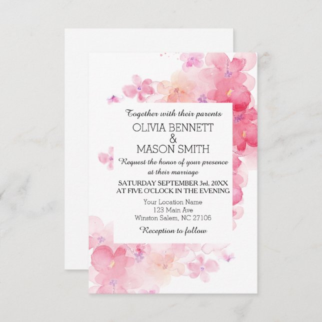 Red and Pink Simple Floral Watercolor Wedding Invitation (Front/Back)