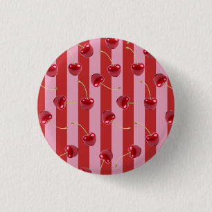 Red and pink stripe design with cherries 3 cm round badge