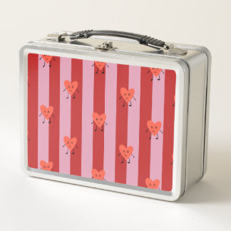 Red and pink stripe design with cute little hearts metal lunch box