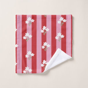 red and pink stripe design with white flowers wash cloth