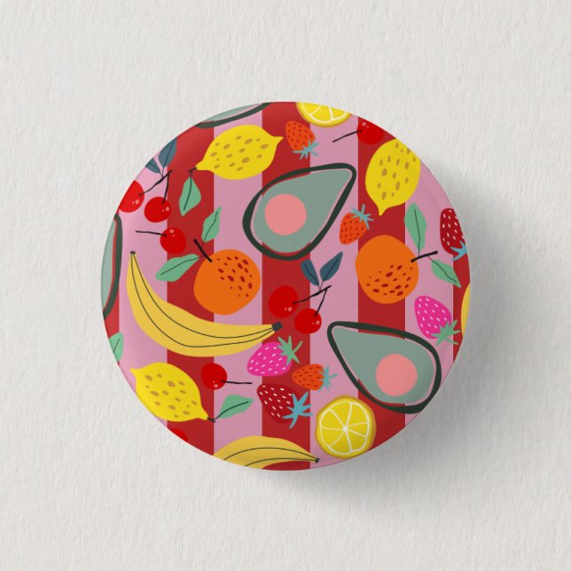 Red and pink stripe fruit pattern  3 cm round badge (Front)
