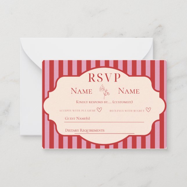 Red and Pink stripe wedding RSVP cards (Front)