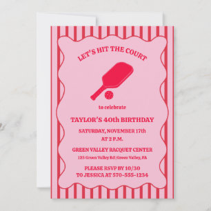 Red and Pink Striped Pickleball Birthday Party Invitation