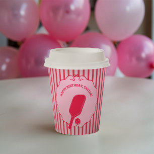 Red and Pink Striped Pickleball Birthday Party Paper Cups