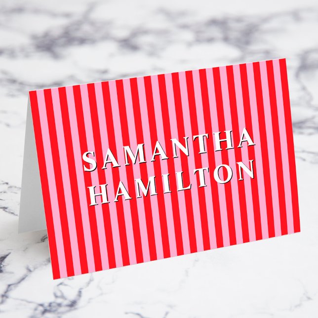 Red and Pink Stripes Bold Name Place Cards (Bright Red and Light Pink Stripes Bold All Caps Font Individual Name Place Cards)
