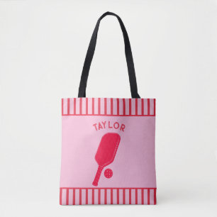 Red and Pink Stripes Pickleball Personalised Tote Bag