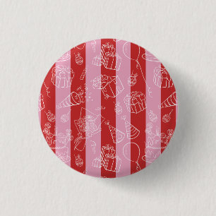 Red and pink stripes with party drawings over 3 cm round badge