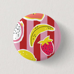 red and pink stripes with tropical fruit 3 cm round badge