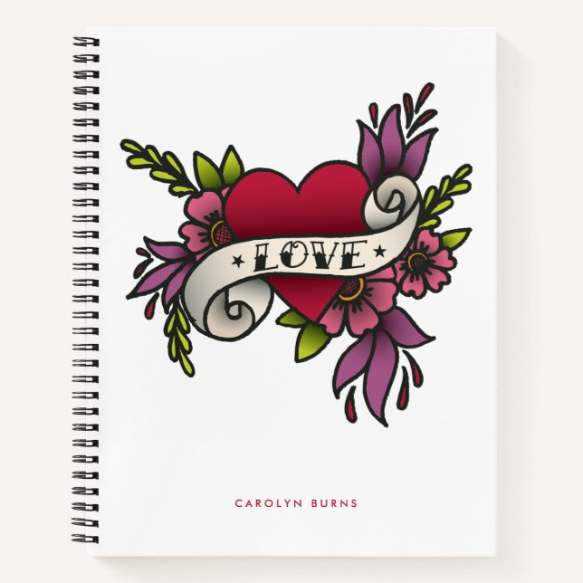 Red and Pink Vintage Love Heart Tattoo Notebook (Front)