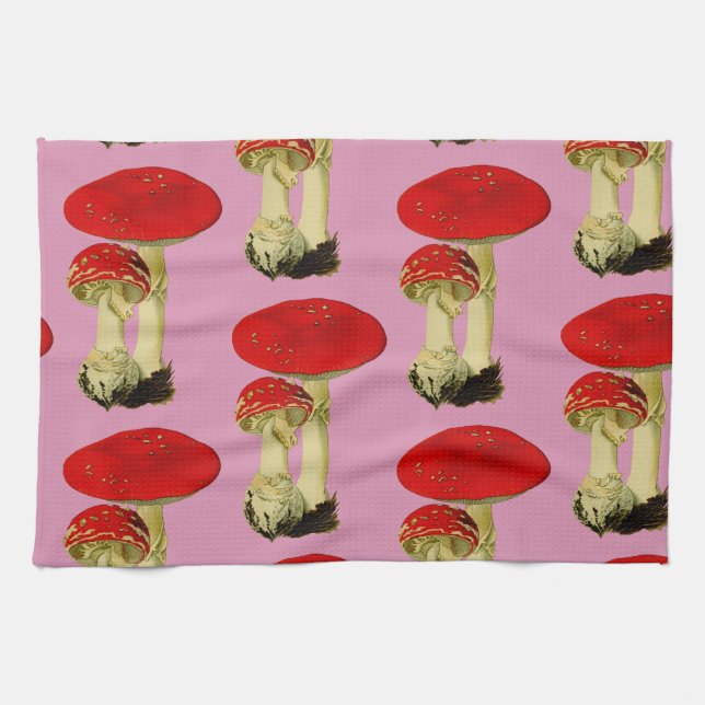 Red and Pink Vintage Mushrooms Tea Towel (Horizontal)