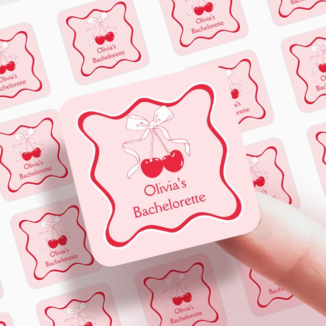 Red and Pink Wavy Bow Cherry On Top Favour Square Sticker (Creator Uploaded)