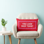 Red and Pink Wavy Frame Compliments Lumbar Cushion<br><div class="desc">Simple and fun,  this dual sided red and bright pink lumbar pillow features a wavy rectangle and two different but coordinating sides with friendly text reminders to spread positivity in your life and your home. You can change the text for your own custom message too!</div>