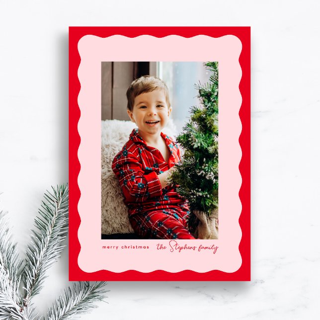 Red and pink wavy frame simple Christmas photo Holiday Card (Creator Uploaded)