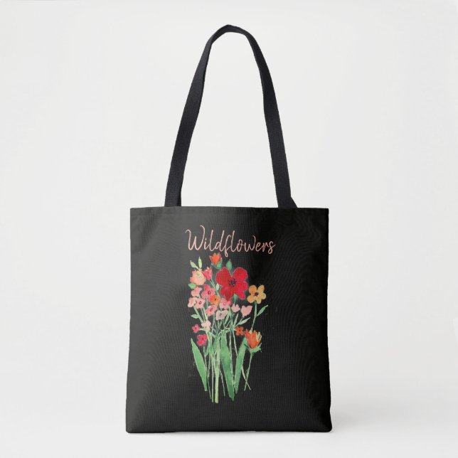 Red and Pink Wildflowers Text Tote Bag (Front)