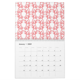 Red and pink wrapping paper featuring a repeating  calendar
