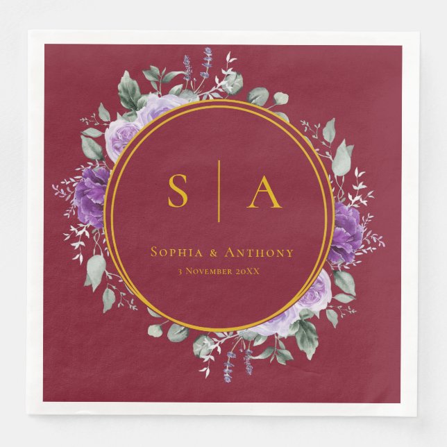 Red and Purple Fall Floral Wedding Napkins (Front)