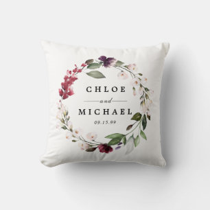 Red and Purple Floral Botanical Wreath Cushion