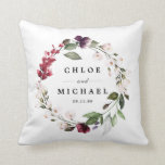 Red and Purple Floral Botanical Wreath Cushion<br><div class="desc">Elegant and chic red, purple and blush pink flowers create a beautiful wreath. It frames the wedding couple's names and wedding date. The newlyweds will love using this lovely reminder of their special day. This personalised wedding pillow is part of the Autumn Red collection. It contains many gift ideas for...</div>