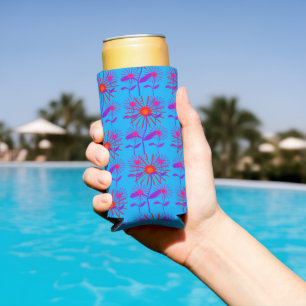 Red and purple flowers blue seltzer can cooler