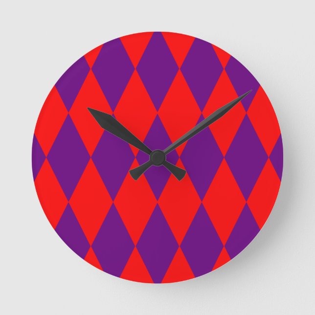 Red and Purple Harlequin Checkered Design  Round Clock (Front)