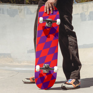 Red and Purple Harlequin Checkered Design Skateboard