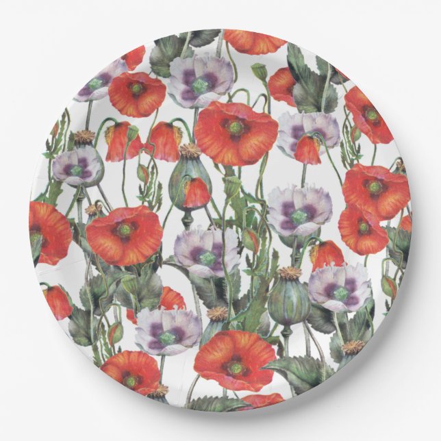 Red and Purple Poppies Pattern Paper Plate (Front)