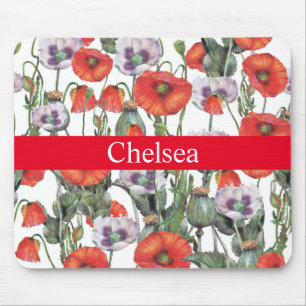 Red and Purple Poppies Pattern Personalised Mouse Pad