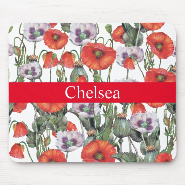 Red and Purple Poppies Pattern Personalised Mouse Pad (Front)
