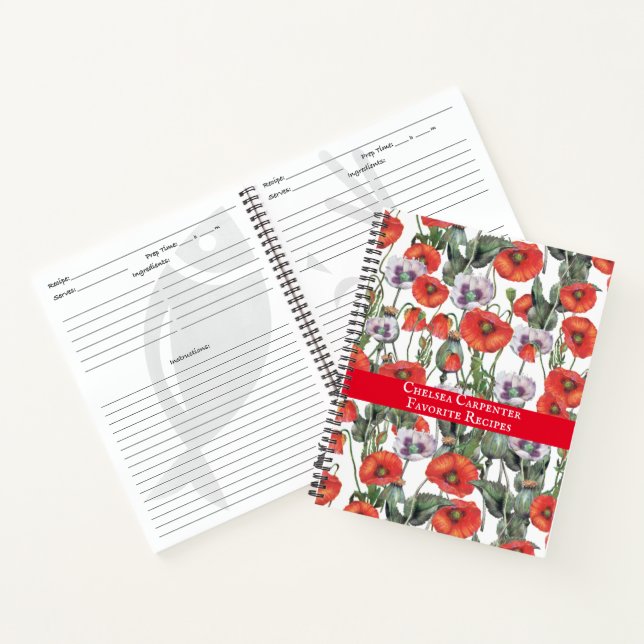 Red and Purple Poppies Pattern Personalised Recipe Notebook (Inside)