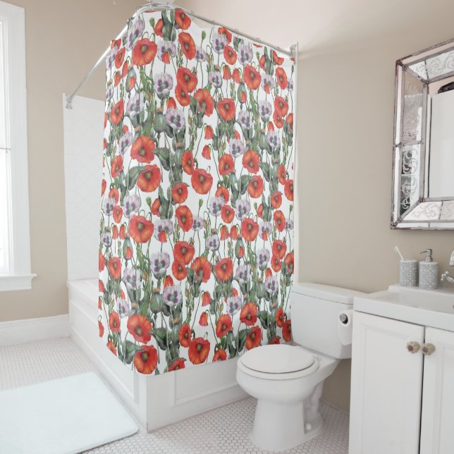 Red and Purple Poppies Pattern Shower Curtain (In Situ)