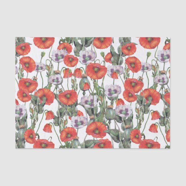 Red and Purple Poppies Pattern Tissue Paper (Front)
