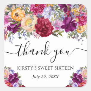 Red and Purple Summer Flower Sweet 16 Square Sticker