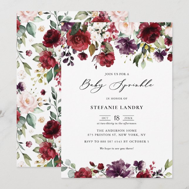 Red and Purple Watercolor Flowers Baby Sprinkle Invitation (Front/Back)