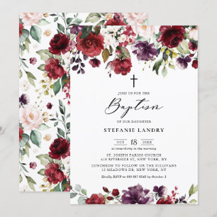Red and Purple Watercolor Flowers Baptism Invitation