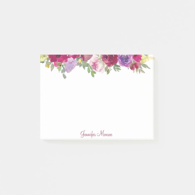 Red and purple watercolor flowers personalised  post-it notes (Front)
