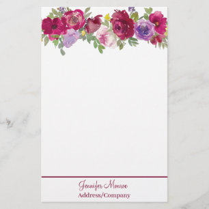 Red and purple watercolor flowers personalised stationery