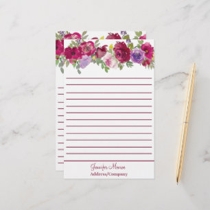 Red and purple watercolor flowers personalised stationery