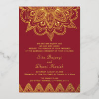 Red and Real Gold Foil Indian Wedding Invitation