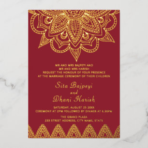 Red and Real Gold Foil Indian Wedding Invitation