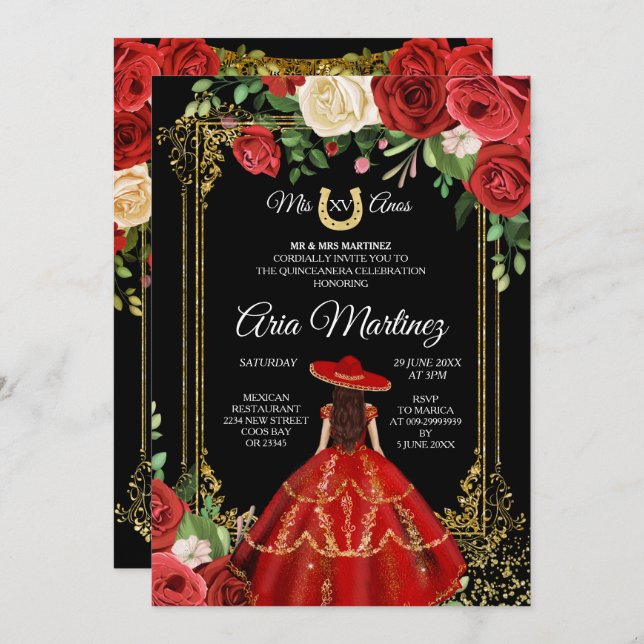 Red and Red Roses - Princess Quinceanera Invitation (Front/Back)